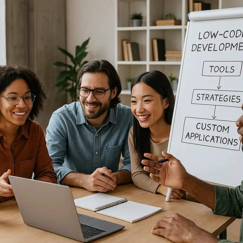Developers engaging in low-code app development discussion