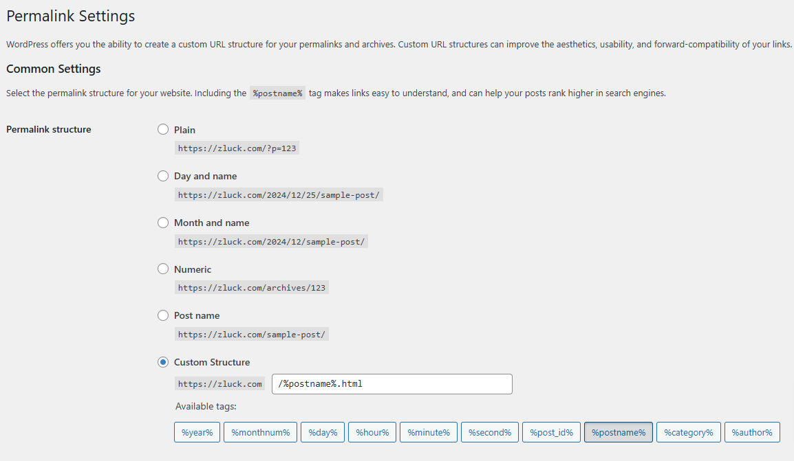 Permalink settings in WordPress